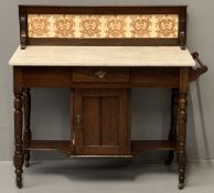EDWARDIAN WASHSTAND with tile back and white marble top having a single central drawer and lower
