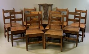 ANTIQUE OAK FARMHOUSE CHAIRS, matching set of ten, 87cms H, 44cms W, 33cms D the seat, plus one