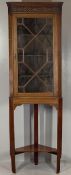 VINTAGE MAHOGANY GLAZED TOP CORNER CABINET on stand, having a blind fret frieze over a thirteen