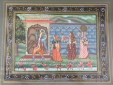 INDIAN SILK PAINTING - depicting women and an Indian deity dancing within a walled garden setting,