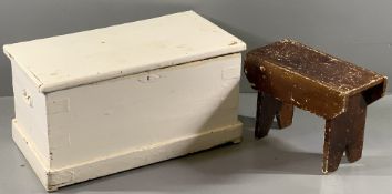 VINTAGE PAINTED LINEN CHEST, 38cms H, 76cms W, 42cms D and a wooden stool