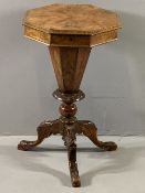 VICTORIAN WALNUT WORKBOX, the octagonal top with quarter cut burr walnut veneer and boxwood inlaid