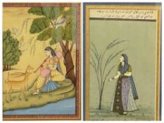 TWO EARLY FRAMED MUGHAL DRAWINGS - one of a lady feeding deer, 24 x 19cms and the other a lady