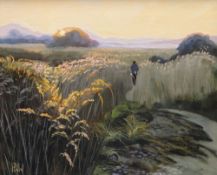 PETER WINSTANLEY oil on linen - initialled and entitled label verso 'Evening Walk on Pentraeth