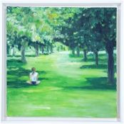 MORWENNA JONES oil on canvas - entitled 'Solitary Girl in Park', 45 x 45cms, while floating frame
