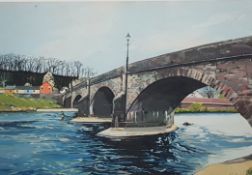 MEL BURGAM limited edition (14/195) print - entitled 'Usk Bridge', signed, mounted, 30.5 x 44cms