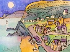 DORIAN SPENCER DAVIES ink and watercolour - entitled 'Tresaith', 45 x 55cms, stylishly framed in