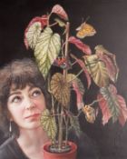 SALLY MOORE oil on panel - entitled 'Angel Wings', 39 x 34cms, dark grey floating frame frame