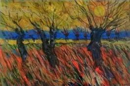 RAY THOMAS acrylic on board - entitled 'The Orchard', 33 x 43cms, glazed and framed in white