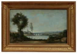 Flusslandschaft mit Brücke und Dorf im Hintergrund