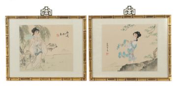 2 Tuschmalereien auf Seide China,