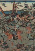 Holzschnitt mit Schlachtenszene China,