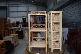 A wicker shelf and narrow basket storage unit