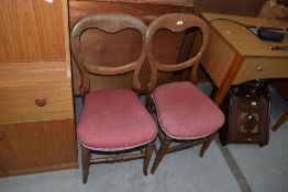A pair of Victorian stained frame balloon back dining or bedroom chairs having stuffed seats on