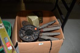 A selection of gardening an camping tools including gas burner and clippers