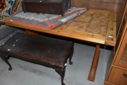 A vintage pine and tile top refectory table, approx. 140 x 79cm , with additional end leaf of 38cm