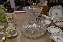 Two large leaded crystal glass bowls one having foot to base