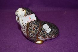 A Royal Crown Derby paperweight Imari BlueWalrus with a Gold stopper