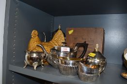A selection of plated wares including two part tea sets and local Lancaster W Bell box