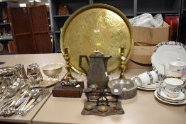 A selection of items including apothecary scales, large brass charger or table top having embossed
