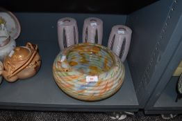 A selection of colour pressed glass light shades including mottled fly catcher and three pink cut