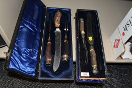 Two boxed carving sets having horn handles,bearing names of Henry Elliot and Taylor.