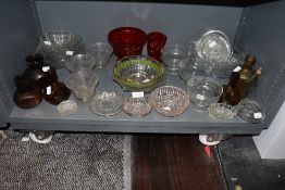 A selection of pressed and similar glass wares including ruby red footed bowl and jug