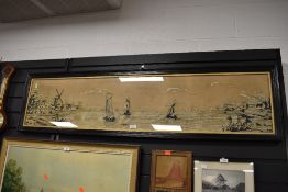 A large framed seascape and windmill embroidery.