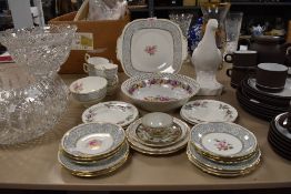 A variety of ceramics, including Paragon Bridal rose side plates, and other floral bowls,cups,