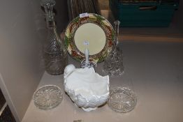 A collection of vintage glass including decanter, Coalport shell planter and similar.