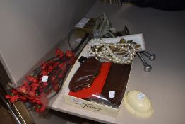 A mixed lot of costume jewellery,purses and a red cherry blossom indoor light.