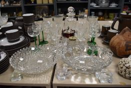 A mixed selection of vintage glass including decanter,bowls and wine glasses.