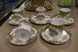 Five Shelley Sheraton 13290 coffee cans and saucers in the green colour way, having back stamp of '