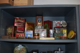 A selection of transfer printed advertising tins including Thornes and Sir Nynes