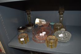 A selection of art deco glass wares including pink dressing table set and yellow stripped similar