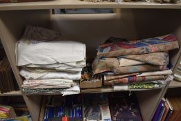 A selection of vintage table linen including those with embroidered crinoline ladies, a box of