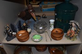 A mixed lot of items including wooden bowls,ceramic bread bin, Maling ware ashtray and more.