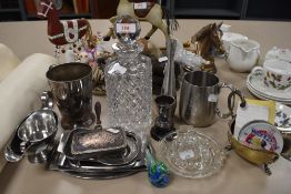 A collection of plated ware and similar including decanter,trophies,silent butler dish and more.