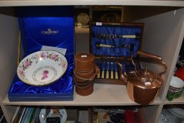 A collection of items including a bright copper kettle(provide your own warm woollen mittens!) a