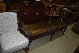 A period oak settle having four panels to back on Queen Anne style legs, width approx 183cm