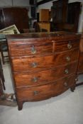 A Victorian mahogany bow fronted chest of two over three drawers , bit of sun bleach to the top,