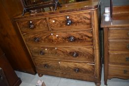 A Victorian mahogany and flame mahogany (with oak edged drawers) chest of two over three drawers,