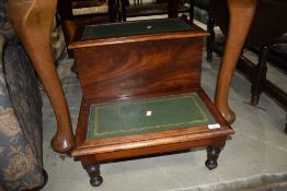 A Victorian mahogany step stool, with box top, possibly later leather work, width approx. 50cm