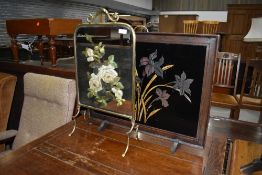 Two firescreens including late Victorian brass and painted mirror