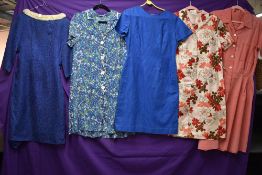 Five vintage 1950s and 60s dresses, various fabrics, styles and sizes.