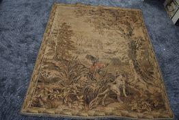 An antique woven tapestry or similar having hunting theme of dogs and birds.