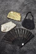 Three vintage evening bags and a late 19th/early 20tch century black gauze fan having spangles
