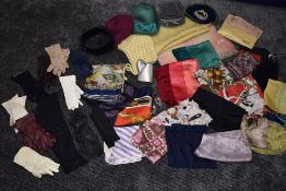 A large collection of vintage gloves, scarves,including silk and mohair, and hats.