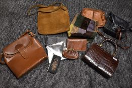 A collection of vintage and retro handbags,purses and similar, including leather and reptile.