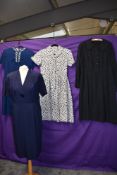Four vintage 1950s and 60s dresses, various styles and fabrics, medium and larger sizes.